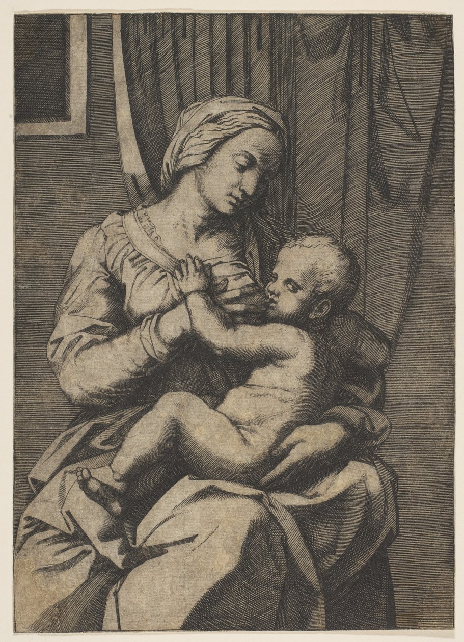 Neitsyt imettävä Kristus-lapsi sylissään, 1515-20. tekijältä Marco Dente