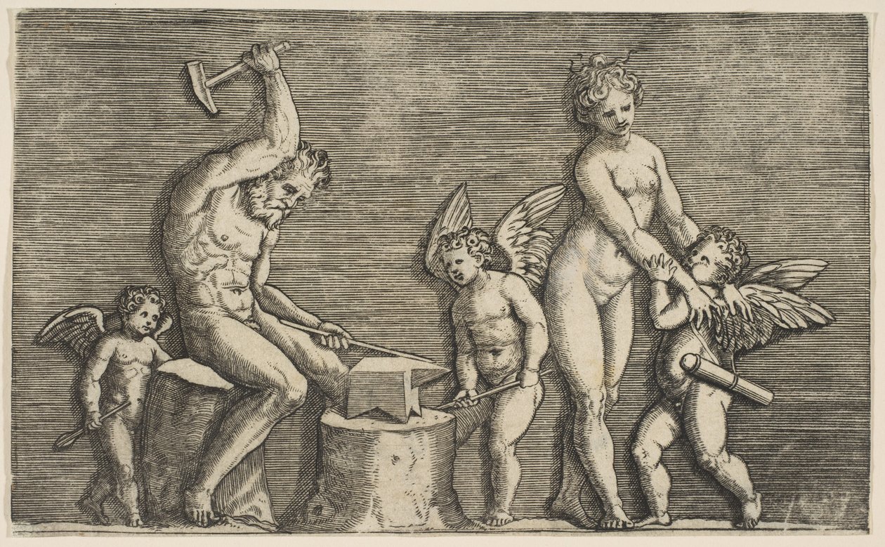 Vulcanin istuvat vasarat alasimen päällä, jota reunustavat Venus ja kolme kupidia, n. 1515-27. tekijältä Marco Dente