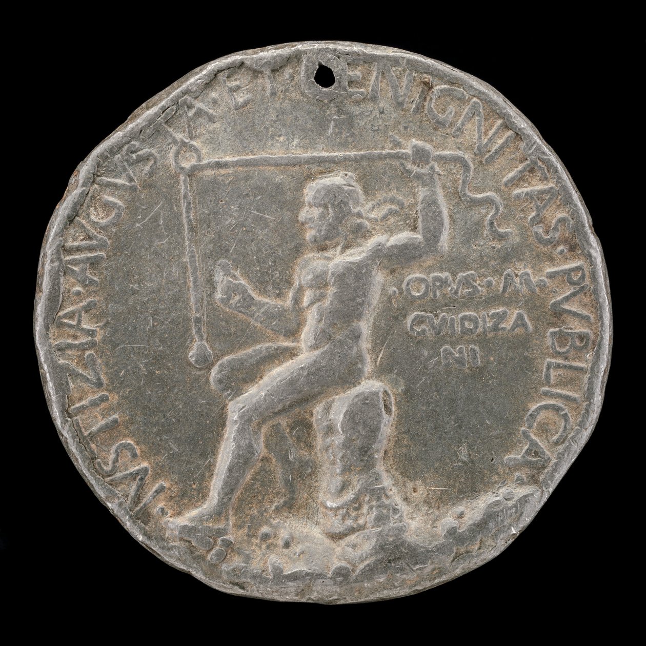 Palkittu figuuri pitelee luotiviivaa [käänteinen], 1454 tai sen jälkeen. tekijältä Marco Guidizani