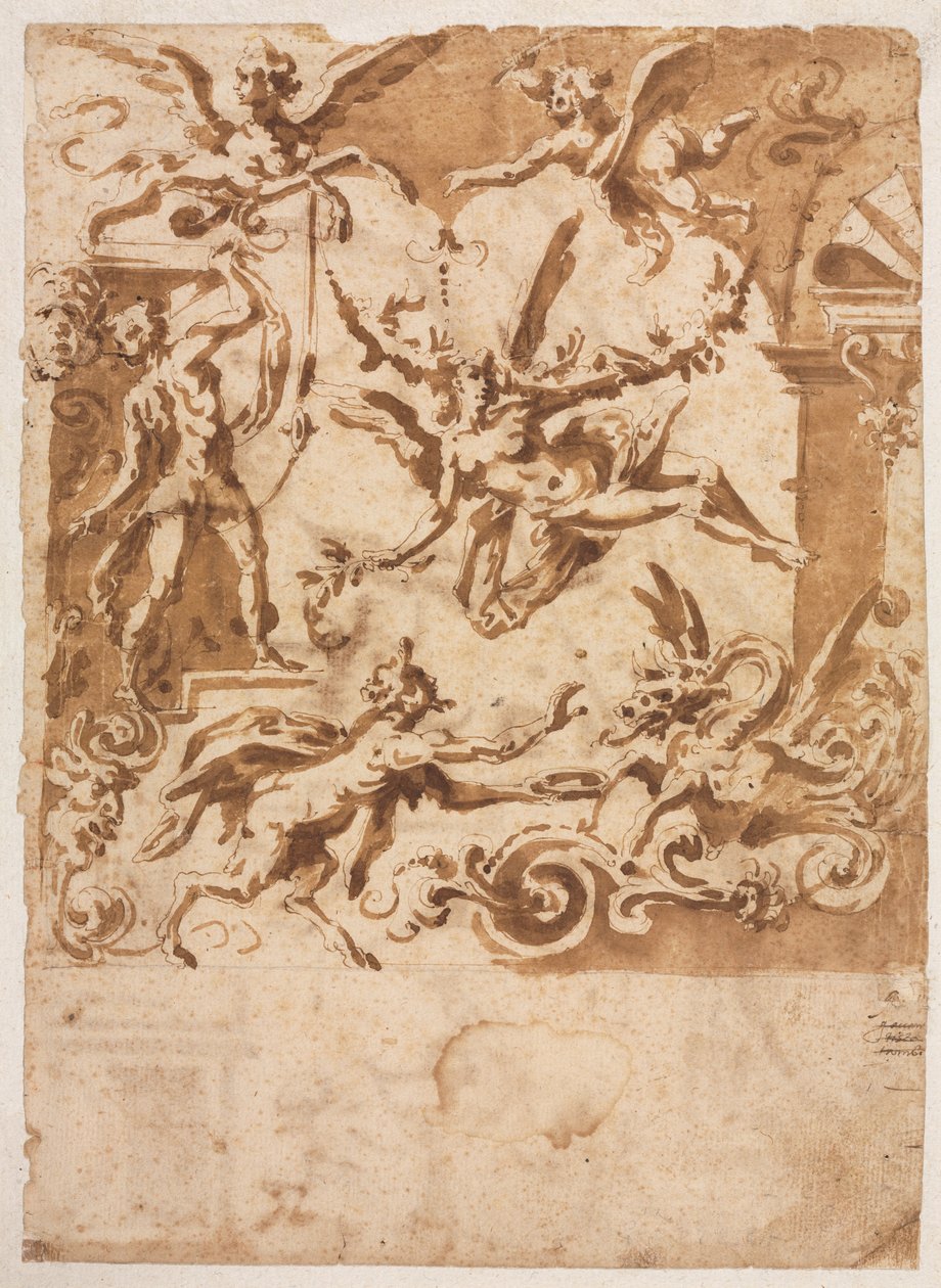 Groteski ja satyyri ruokkimassa lohikäärmettä recto, groteski ja hyppäävä kentauri, c1565158 tekijältä Marco Marchetti