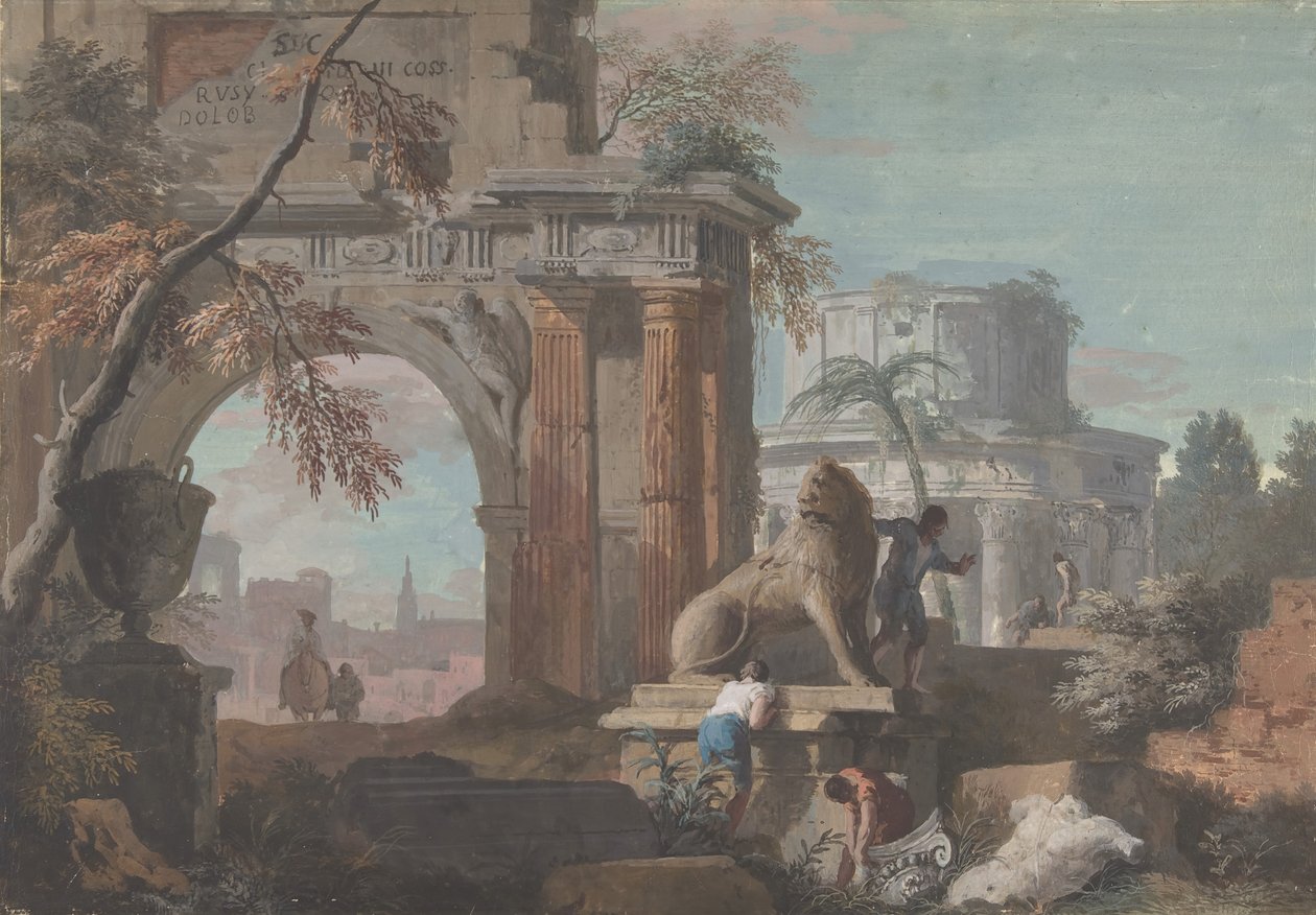 Capriccio roomalaisten raunioiden kanssa, n. 1700-1730. tekijältä Marco Ricci