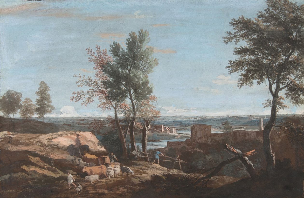 Laaja pastoraalinen maisema, n. 1700-1730. tekijältä Marco Ricci