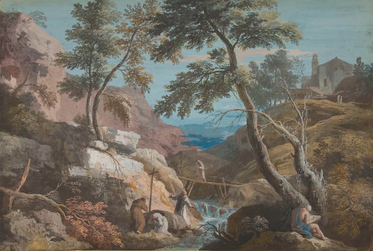 Vuoristoinen maisema erakoineen, n. 1700-1730. tekijältä Marco Ricci