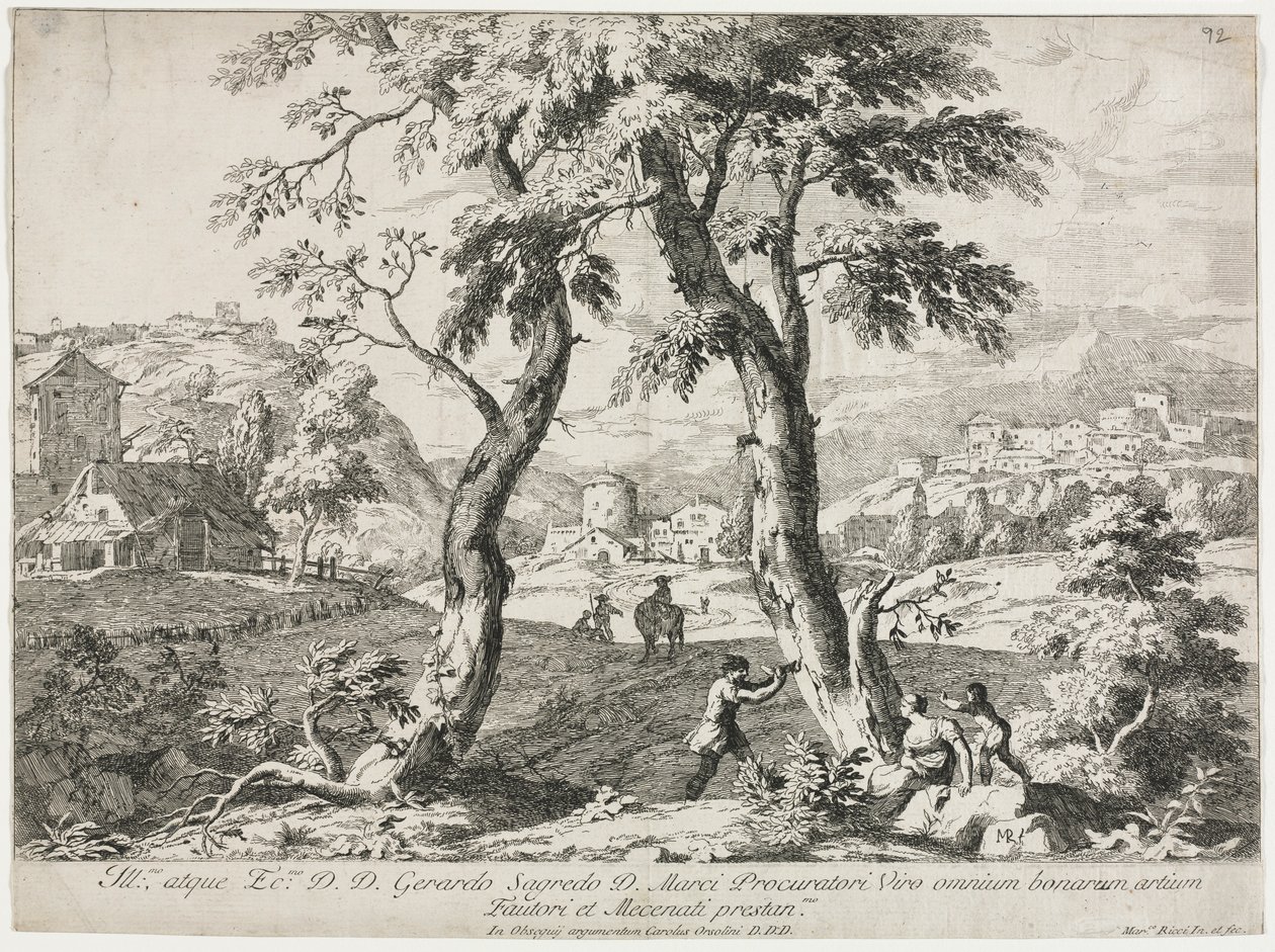 Näkymä kylästä, jossa on hahmoja etualalla, 1723. tekijältä Marco Ricci