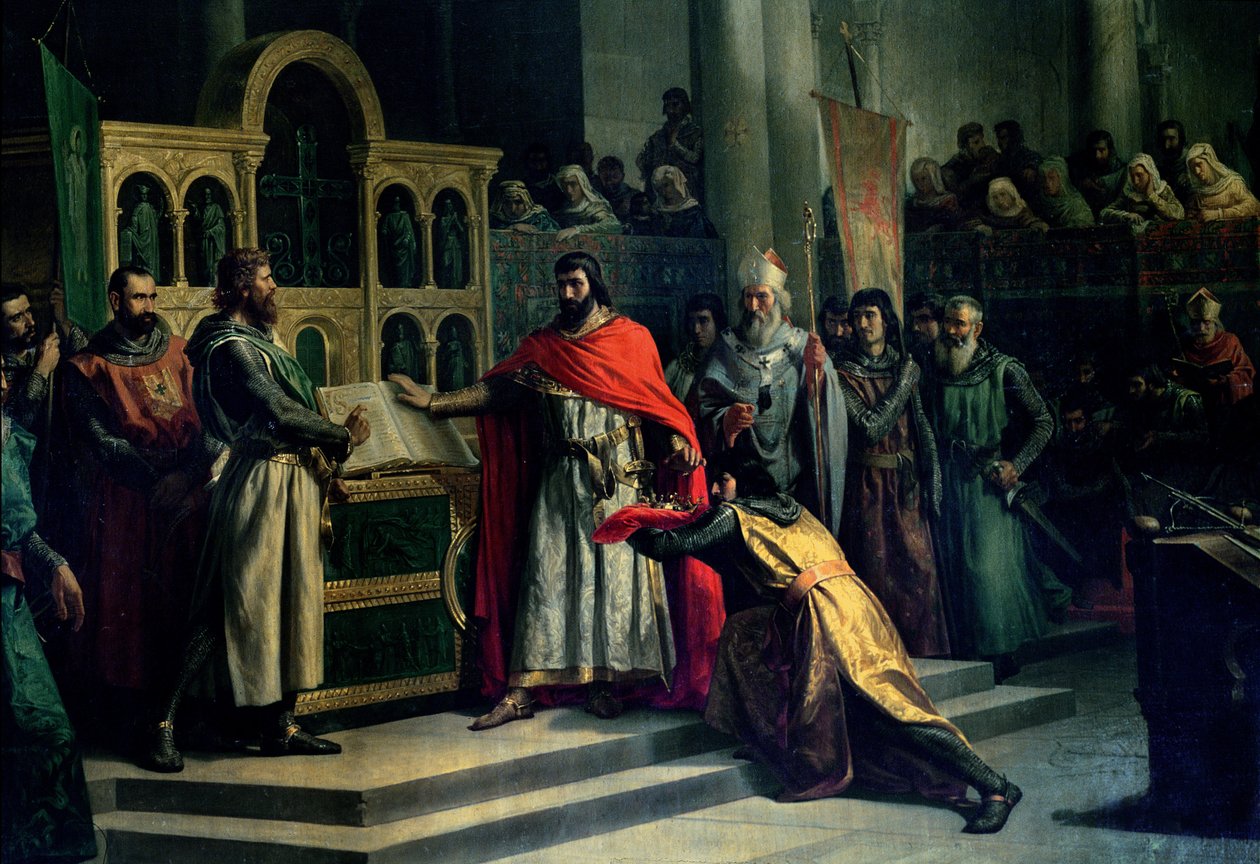Santa Gadean vala, El Cid Campeador (n. 1043-1099) vannoi Kastilian kuninkaalta Alfonso VI:ltä (n. 1040-1109), ettei hän vuonna 1072 osallistunut veljensä murhaan. Sancho II (n. 1083-1072) (öljy kankaalle) tekijältä Marcos Hiraldez de Acosta