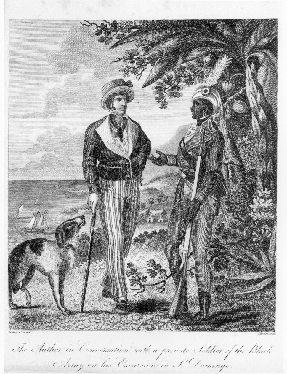 Kapteeni Marcus Rainsford (n. 1750-n. 1805) mustan armeijan yksityissotilaan kanssa, 1805 julkaistun 