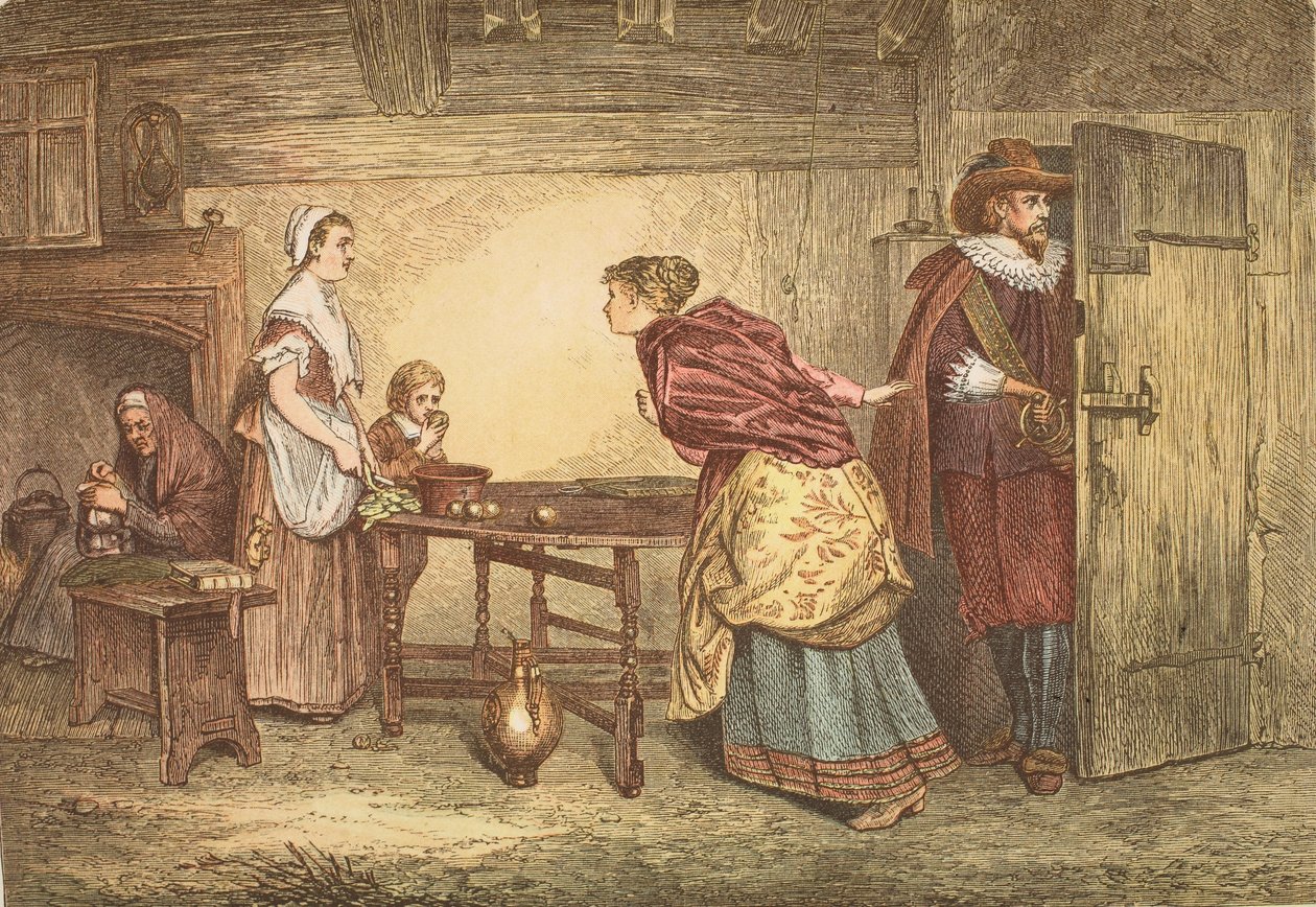 Royalistit, jotka etsivät turvaa puritaanin talosta, kaiverrettu J.D. Cooper tekijältä Marcus Stone