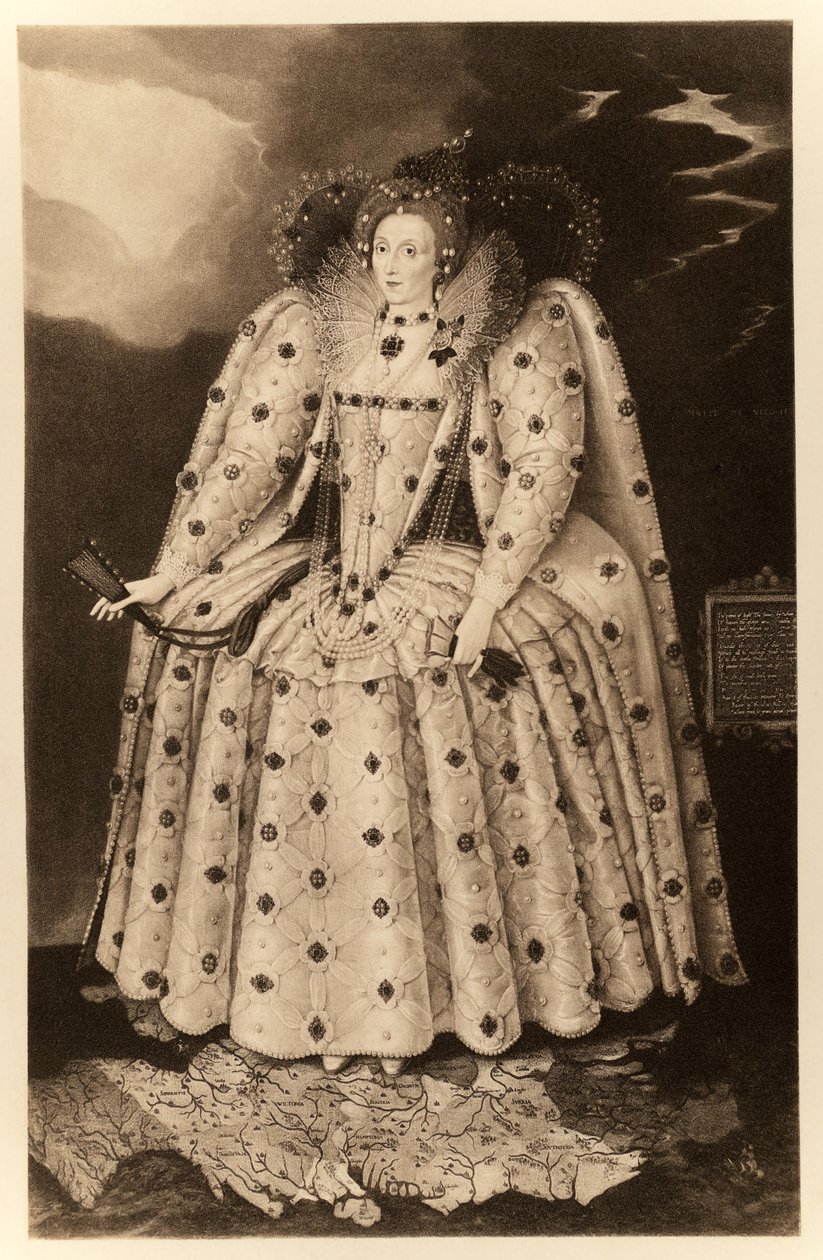 Kuningatar Elisabet I ("The Ditchley Portrait"), "James I ja VI", paina Manzi Joyant und Co. Paris, 1904 (kollotyyppi) tekijältä Marcus Garret Gheeraerts the Younger