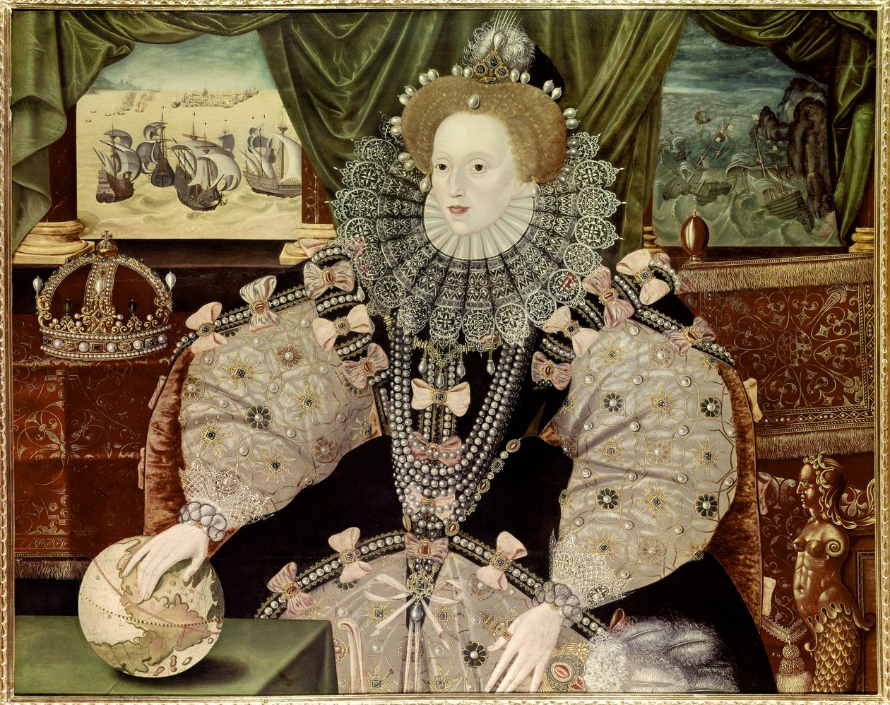 Englannin kuningatar Elisabet I:n muotokuva, joka tunnetaan nimellä Armadan muotokuva, noin 1588 (öljy paneelille). tekijältä Marcus Gheeraerts