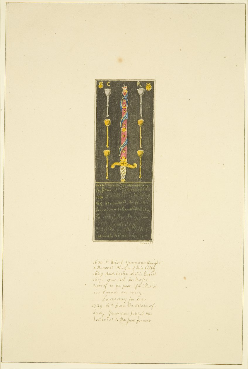 Aiemmin St Mary Redcliffen pohjoismuuria vasten asetettu taulu Sir Robert Yeomansin seurakunnalle antaman lahjan muistoksi (Robert Yeamans) (kynä ja akvarelli paperilla) tekijältä Marcus H. Homes