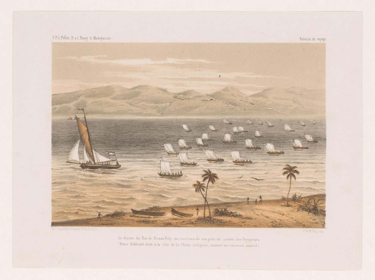Nossi-Falyn kuninkaan lähtö isänsä hautajaisiin Le départ du Roi de Nossi-Faly au tombeau de son père en société des Voyageurs (...) (otsikko esineessä) François P.L.:n matka Siitepöly Madagaskarille (sarjan nimi) F.P.L. Siitepöly R. s tekijältä Marcus Jacob Goedkind