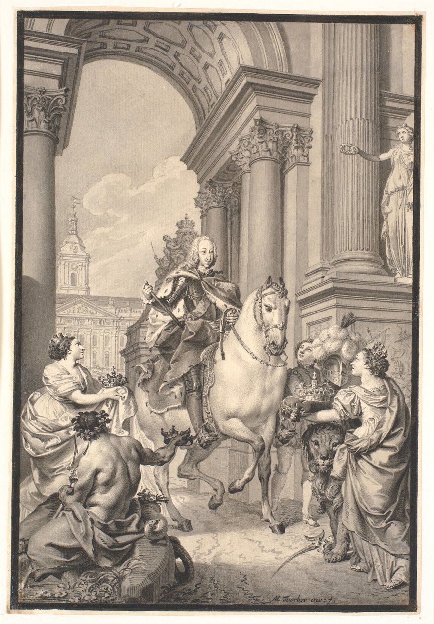 Maalauksen valmistelu: Tanska ja Norja kunnioittavat Chr. VI (poltettu Christiansborgin kanssa 1794) tekijältä Marcus Tuscher