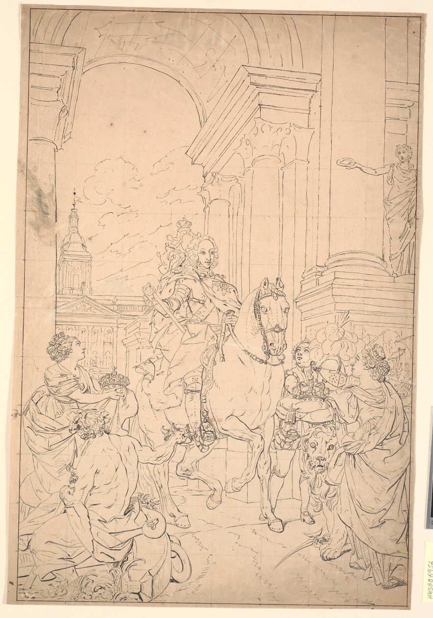 Luonnos maalaukselle: Tanska ja Norja kunnioittavat Chr. VI (poltettu Christiansborgin kanssa 1794) tekijältä Marcus Tuscher