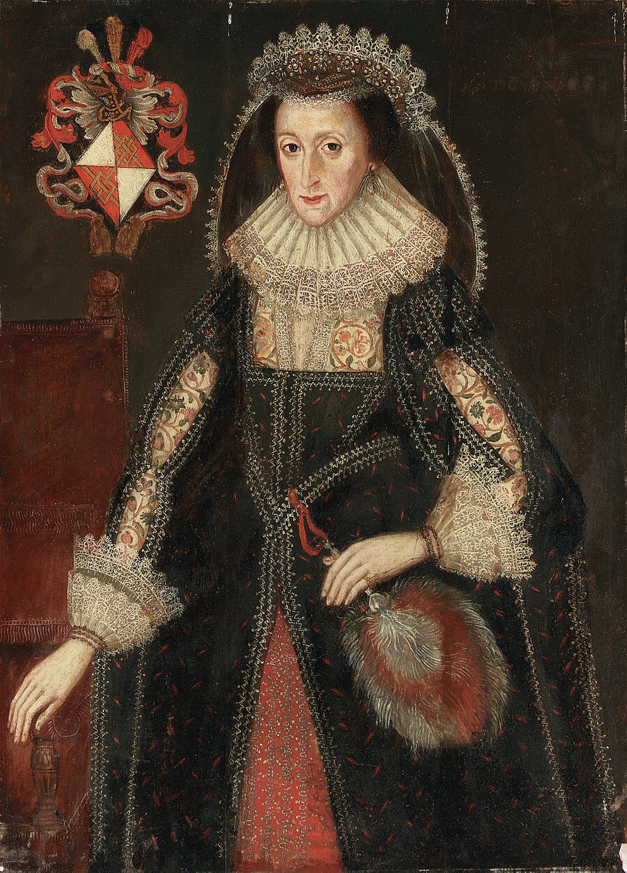 Lady Eleanor Duttonin muotokuva, kolme neljäsosaa, elegantissa mekossa seisomassa tuolin vieressä, johon on kaiverrettu Cheshiren ja Gloucestershiren Dutton-perheen vaakuna tekijältä Marcus the Younger Gheeraerts