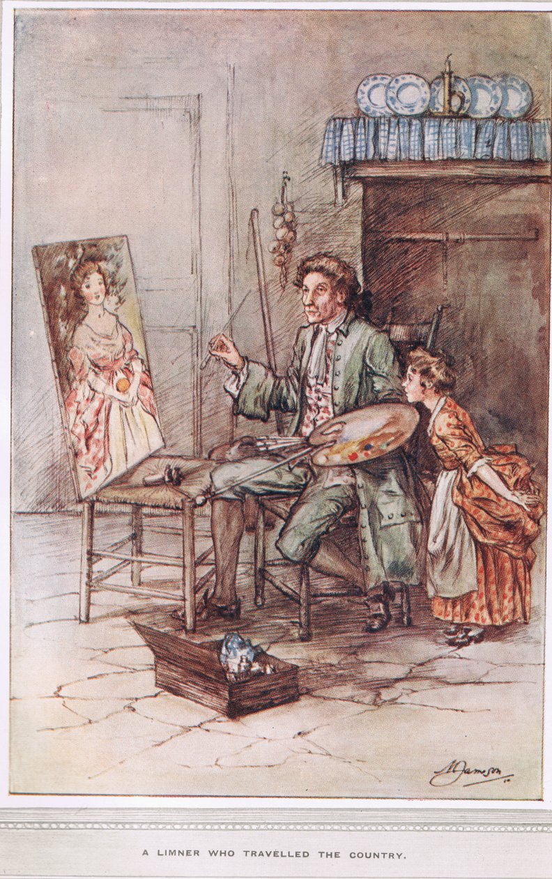 Limner, joka matkusti maassa, kuvitus Oliver Goldsmithin teoksesta "The Vicar of Wakefield", n. 1910 tekijältä Margaret Jameson