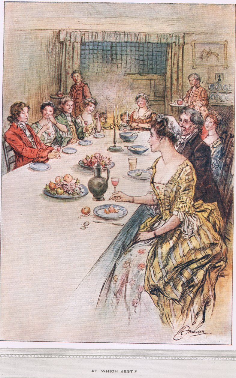 "At which jest" -kuvitus Oliver Goldsmithin teoksesta "The Vicar of Wakefield", n. 1910 tekijältä Margaret Jameson