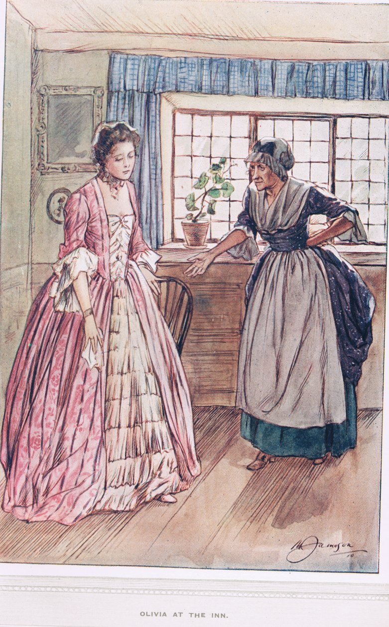 Olivia at the Inn, kuvitus Oliver Goldsmithin teoksesta "The Vicar of Wakefield", n. 1910 tekijältä Margaret Jameson