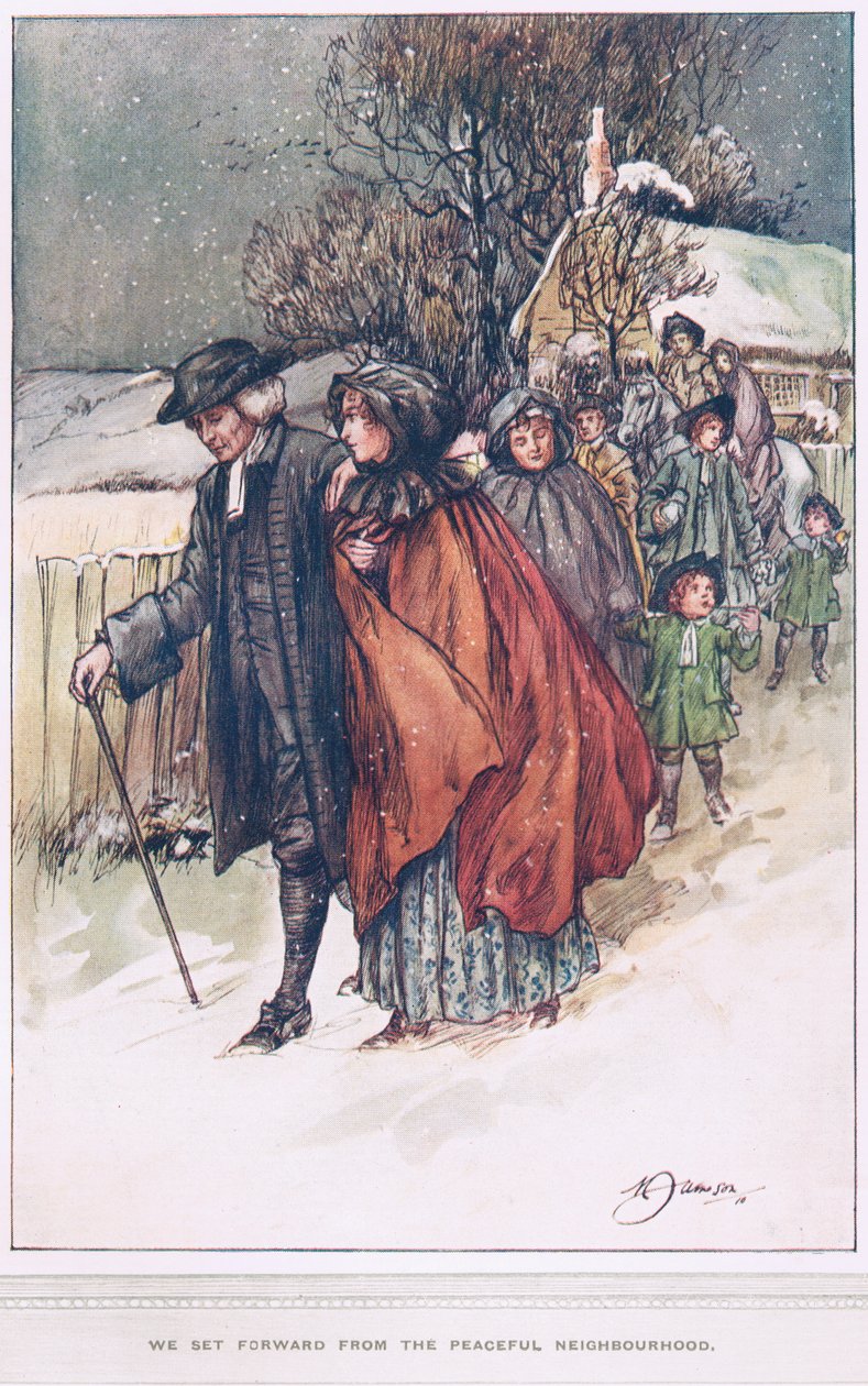 "Lähdimme eteenpäin rauhalliselta naapurustolta", kuvitus Oliver Goldsmithin teoksesta "The Vicar of Wakefield", n. 1910 tekijältä Margaret Jameson