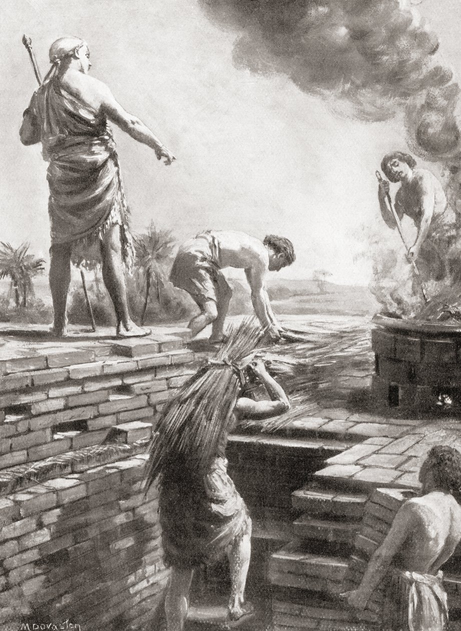 Zigguratin rakentaminen, valtavat pyramidinmuotoiset temppelitornit, jotka rakennettiin ensimmäisenä sumerilaisissa kaupunkivaltioissa, Hutchinsonin teoksesta History of the Nations, pub.1915. tekijältä Margaret (after) Dovaston