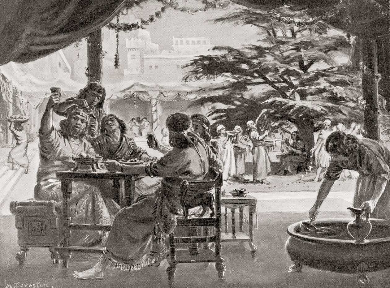 Riemu Babyloniassa, kun Esarhaddon rakensi kaupungin uudelleen, Hutchinsonin teoksesta History of the Nations, pub.1915. tekijältä Margaret (after) Dovaston