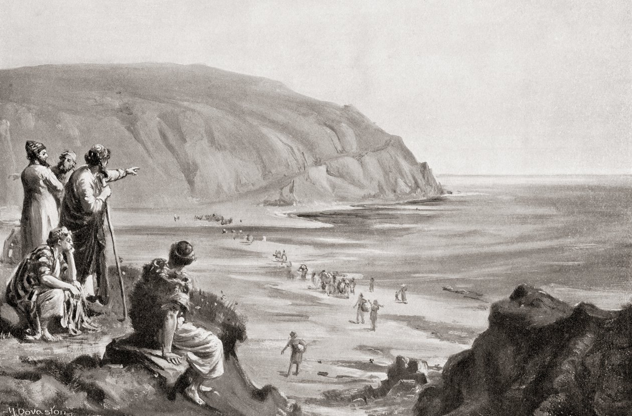 Foinikialaisten saapuminen Välimeren itärannikolle, noin 1500 eKr., Hutchinsonin History of the Nations -teoksesta, pub.1915. tekijältä Margaret (after) Dovaston