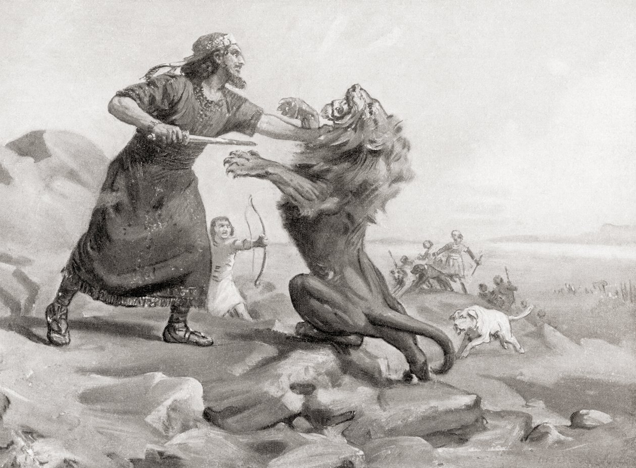 Tiglath-Pileser tappamassa leijonaa, Hutchinsonin teoksesta History of the Nations, pub.1915. tekijältä Margaret (after) Dovaston