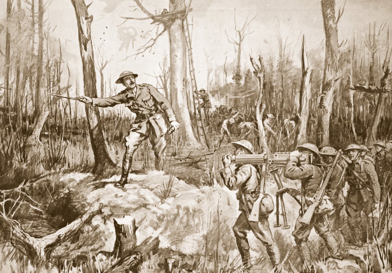 Kapteeni (väliaikainen everstiluutnantti) R.B. Barker organisoimassa metsän puolustusta (litografia). tekijältä Margaret Dovaston