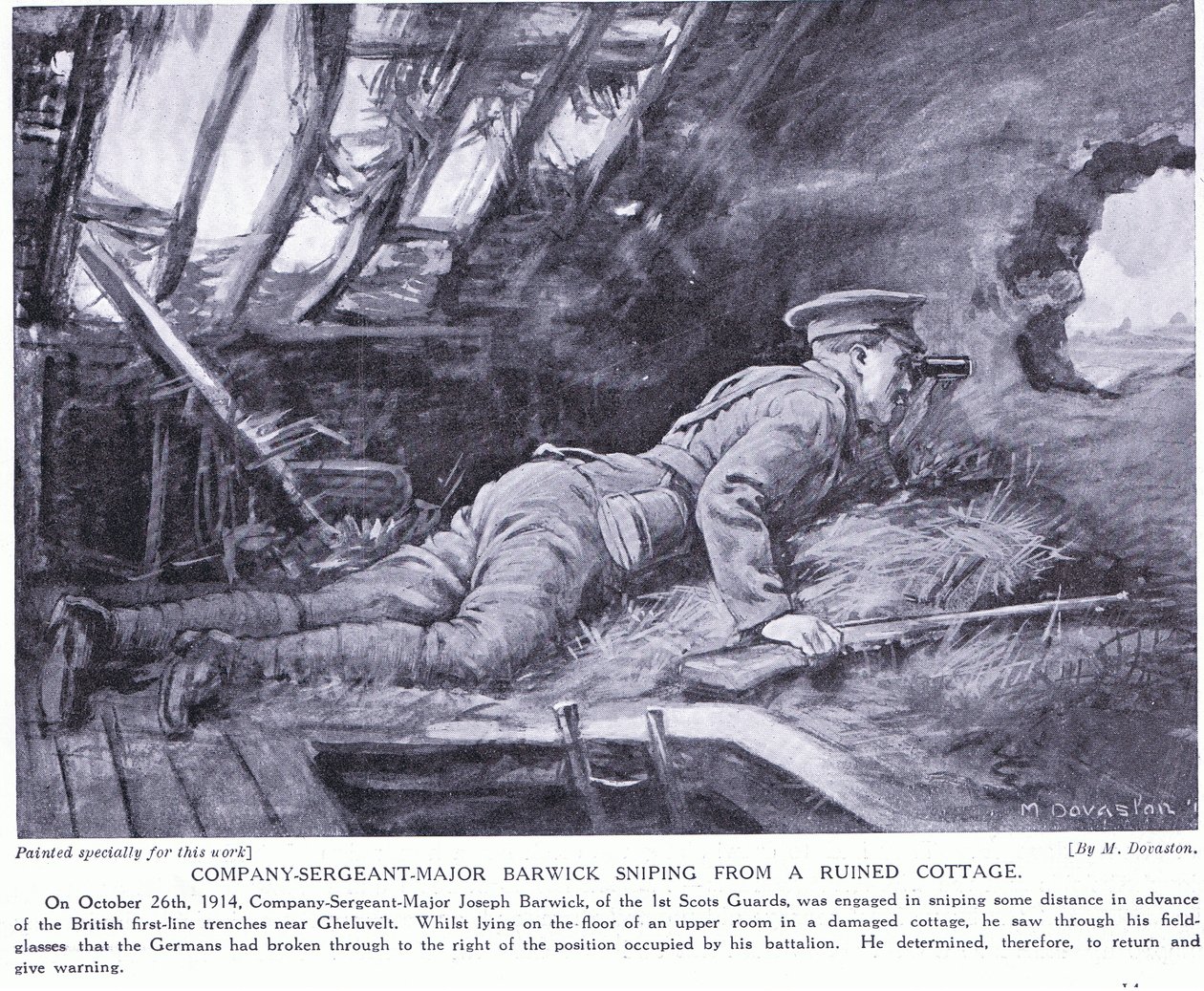 Komppanian vääpeli Barwick ampuu Ghehuveltin raunioituneesta mökistä lokakuussa 1914 (litografia). tekijältä Margaret Dovaston