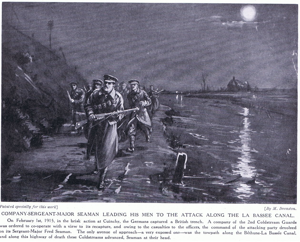 Komppanian kersantti majuri Seaman johtaa miehiään La Bassen kanavan varrella helmikuussa 1915 (litografia). tekijältä Margaret Dovaston