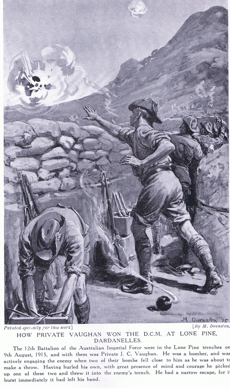 Miten sotamies Vaughan voitti DCM:n Lone Pine Dardanelleilla elokuussa 1915 (litografia). tekijältä Margaret Dovaston