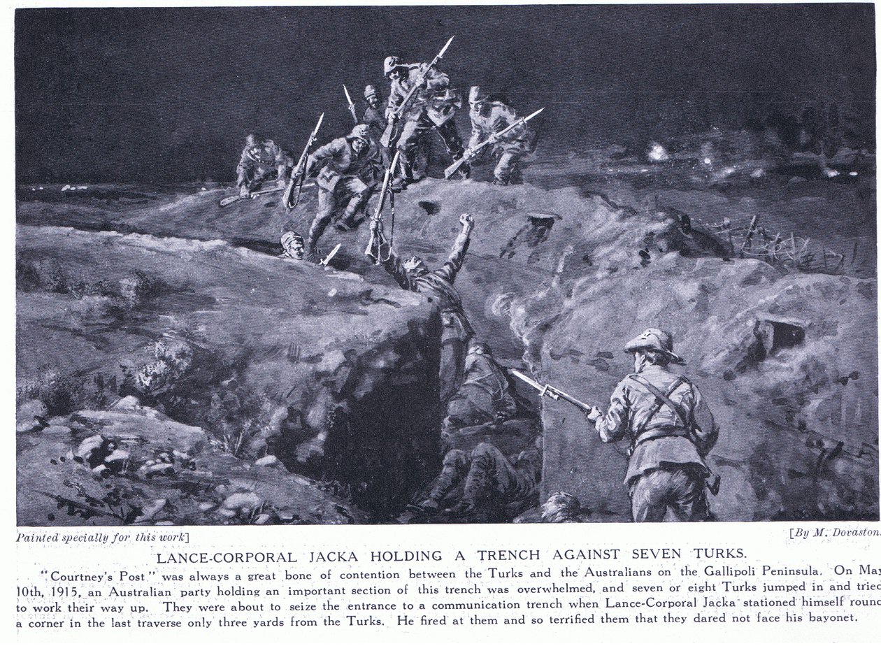 Alikersantti Jacka saa ansiomerkin näyttämällä, miten yksi mies voi voittaa seitsemän Toukokuu 1915 (litografia) tekijältä Margaret Dovaston