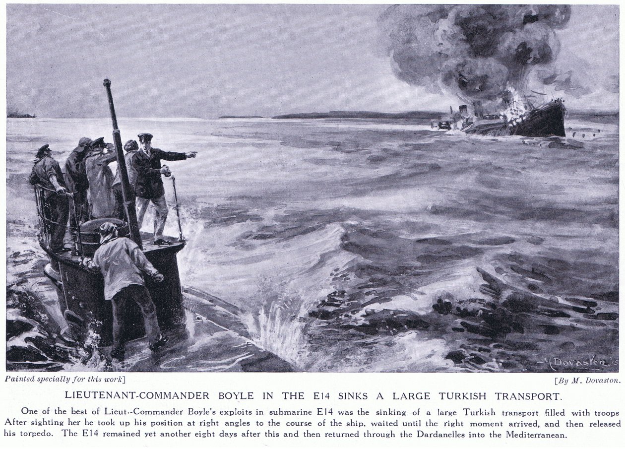 Komentajakapteeniluutnantti Boyle E14:llä upottaa suuren turkkilaisen kuljetusaluksen 1915 (litografia). tekijältä Margaret Dovaston