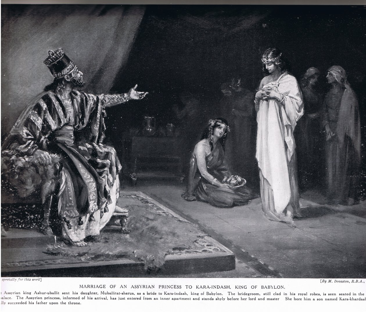 Assyrialaisen prinsessan avioliitto Babylonian kuninkaan Kara-Indashin kanssa, kuvitus Hutchinsonin teoksesta "History of the Nations" (litografia). tekijältä Margaret Dovaston