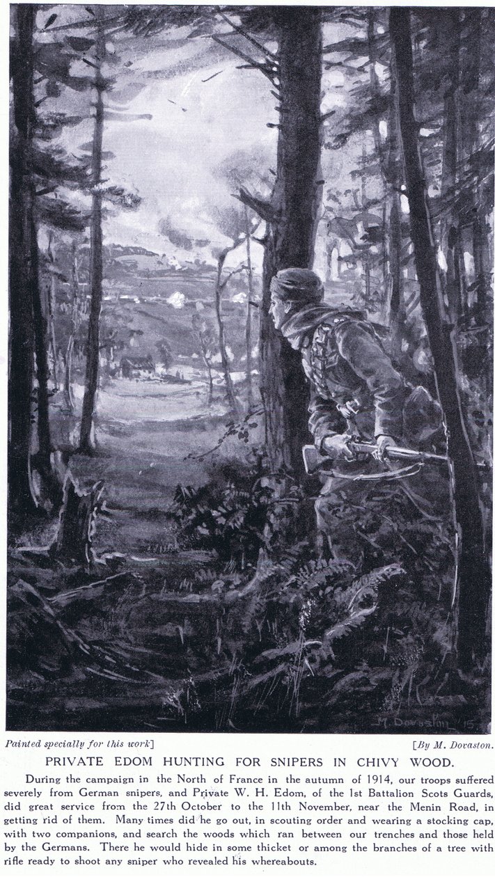 Sotamies Edom metsästää tarkka-ampujia Chivy Woodissa syksyllä 1914 (litografia). tekijältä Margaret Dovaston