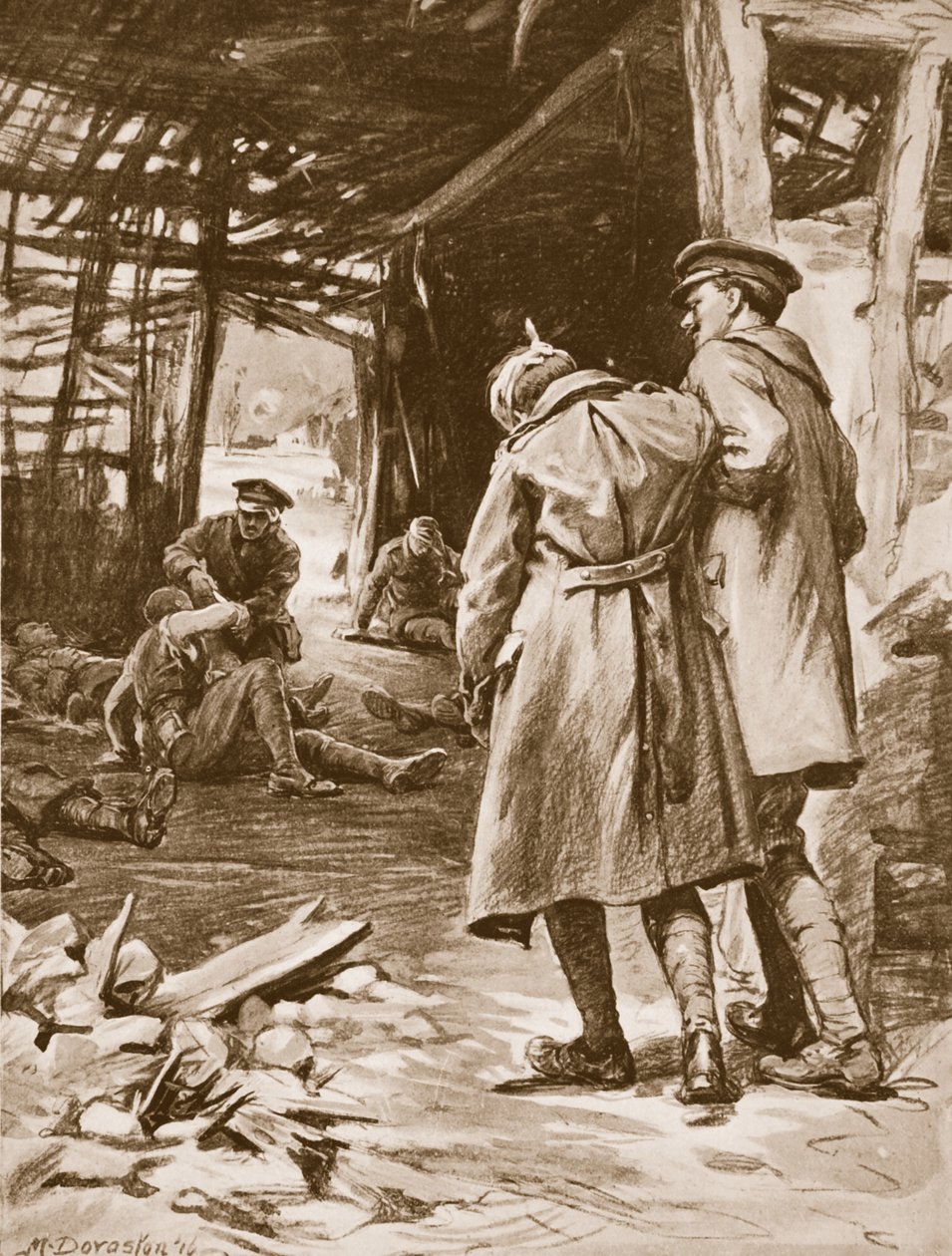 Sotamies J.S. Kerr antaa ensiapua haavoittuneille maatilalla, joka oli voimakkaan pommituksen kohteena (litografia). tekijältä Margaret Dovaston