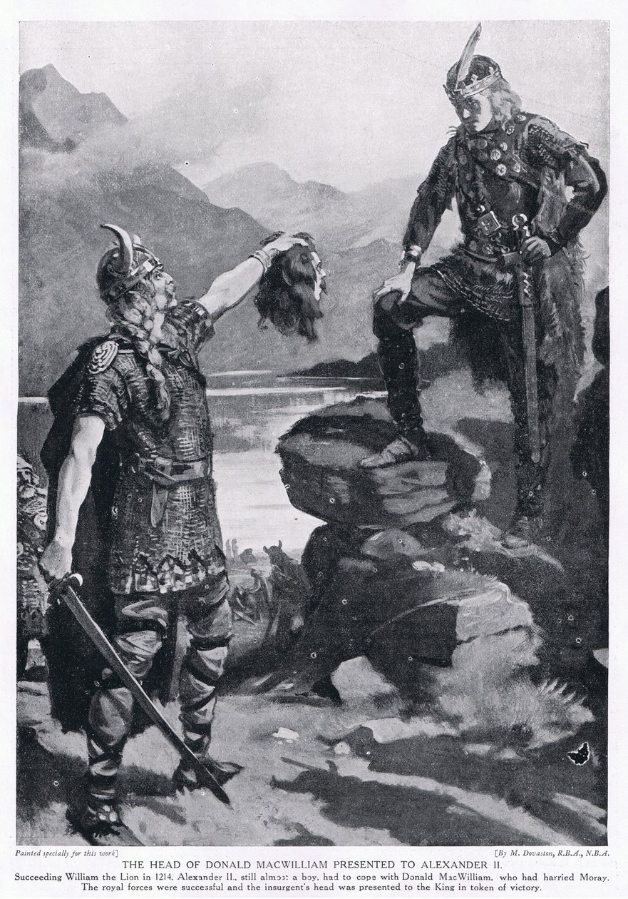 Donald MacWilliamin pää, joka esiteltiin Aleksanteri II:lle vuonna 1214 jKr. tekijältä Margaret Dovaston