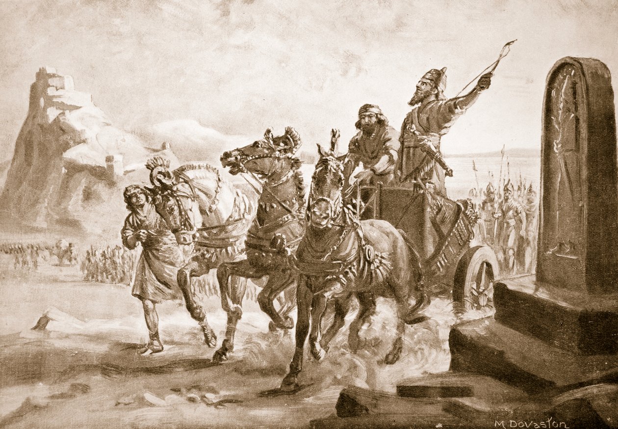 Tiglath-Pileser IV Turushpan linnoituksen edessä, kuvitus teoksesta "Hutchinson