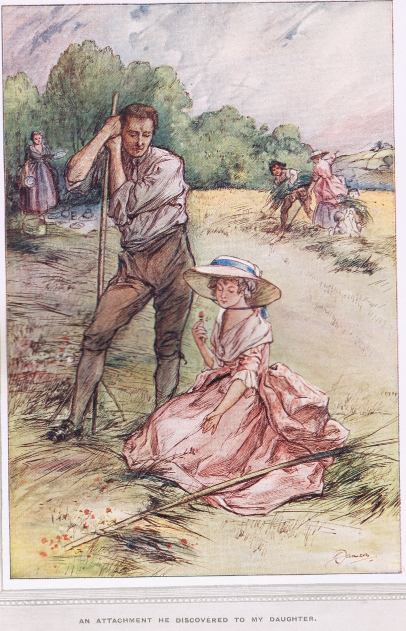 "Kiinnitys, jonka hän löysi tyttärestäni", kuvitus Oliver Goldsmithin teoksesta "The Vicar of Wakefield", n. 1910 tekijältä Margaret Jameson