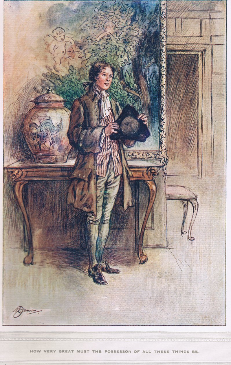 "Kuinka suuri kaikkien näiden asioiden haltijan täytyy olla", esimerkki Oliver Goldsmithin teoksesta "The Vicar of Wakefield", n. 1910 tekijältä Margaret Jameson
