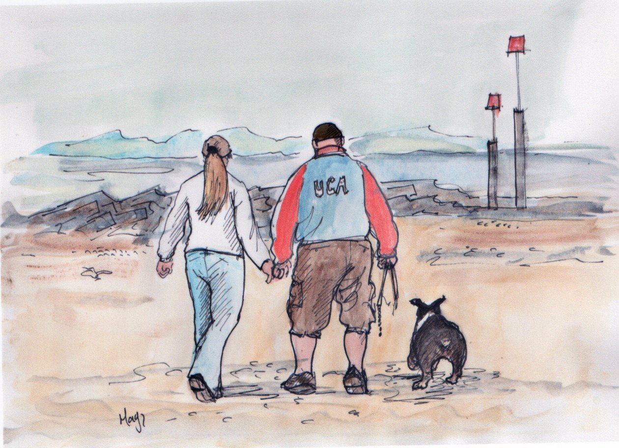 Koiran ulkoiluttaminen - 04 (kynä ja vesiväri) tekijältä Margaret Loxton