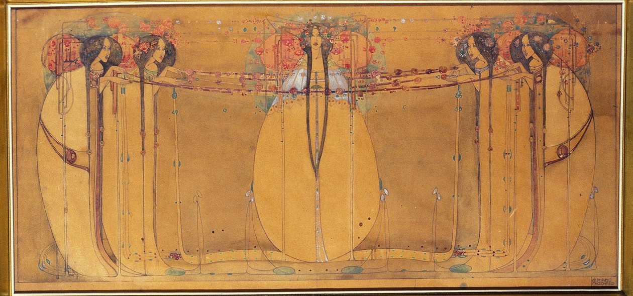 Toukokuun kuningatar, pilapiirros Ingram Streetin kyynelhuoneen paneelia varten, noin 1900 (vesiväri paperille). tekijältä Margaret Macdonald
