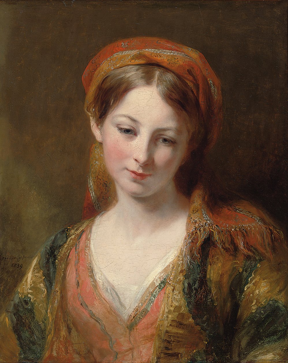 Nuoren tytön muotokuva, luullaan olevan Henrietta Carpenter, rinnan pituus, itämaisessa mekossa, 1839 tekijältä Margaret Sarah Carpenter