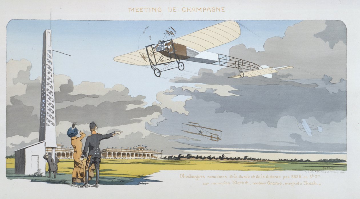Aviation Meeting at Champagne, julkaisija Mabileau, Pariisi, 1910 (pochoir print) tekijältä Marguerite Montaut