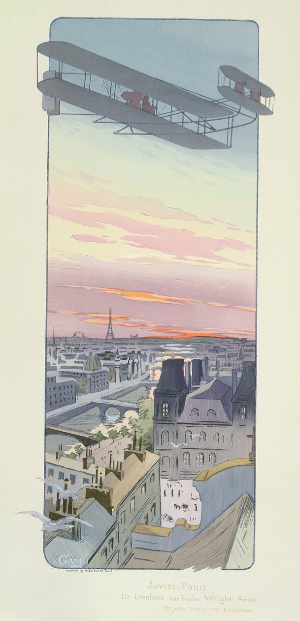 Comte Charles de Lambert lentää Wright-Ariel Biplane -lentokoneella, Juvisy, Pariisi, julkaisija Mabileau, Paris, 1914 (pokuorokuva) tekijältä Marguerite Montaut