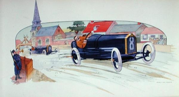 Peugeotin kilpa-auto Ranskan Grand Prix de France 1911 -kilpailussa. tekijältä Marguerite (fl.1909 14) Montaut