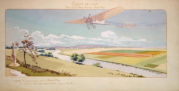 Comte Charles de Lambert Bleriot-monoplanessa lentää West Circuit -radalla, julkaisija Mabileau, Paris tekijältä Marguerite (fl.1909 14) Montaut