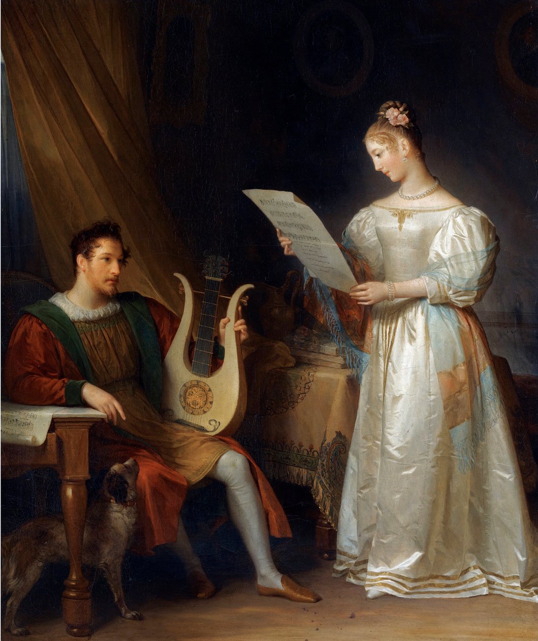 ""Mies pitelee lyyraa ja nainen pitelee partituuria sisätiloissa"" (Sisustus, jossa mies pitelee lyyrää ja nainen nuotiolla) Marguerite Gerardin (1761-1837) maalaus - Öljy kankaalle Dim 64 5x55 cm Yksityinen kokoelma tekijältä Marguerite Gerard