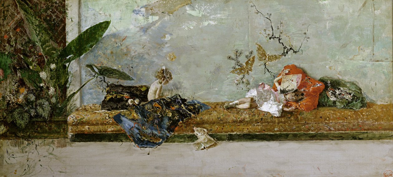 Taiteilijalapset, María Luisa ja Mariano, Japanilaisessa Salonissa, 1874 tekijältä Marià Fortuny