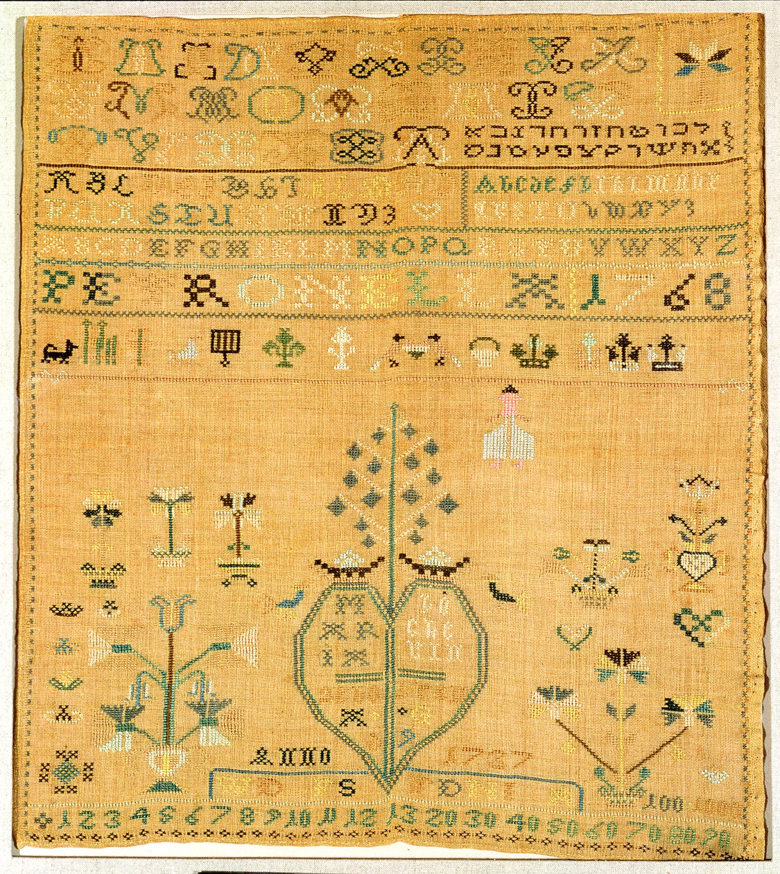 Brodeerattu sampleri, valmistunut 1768 (tekstiili) tekijältä Maria 1737 91 Hocker