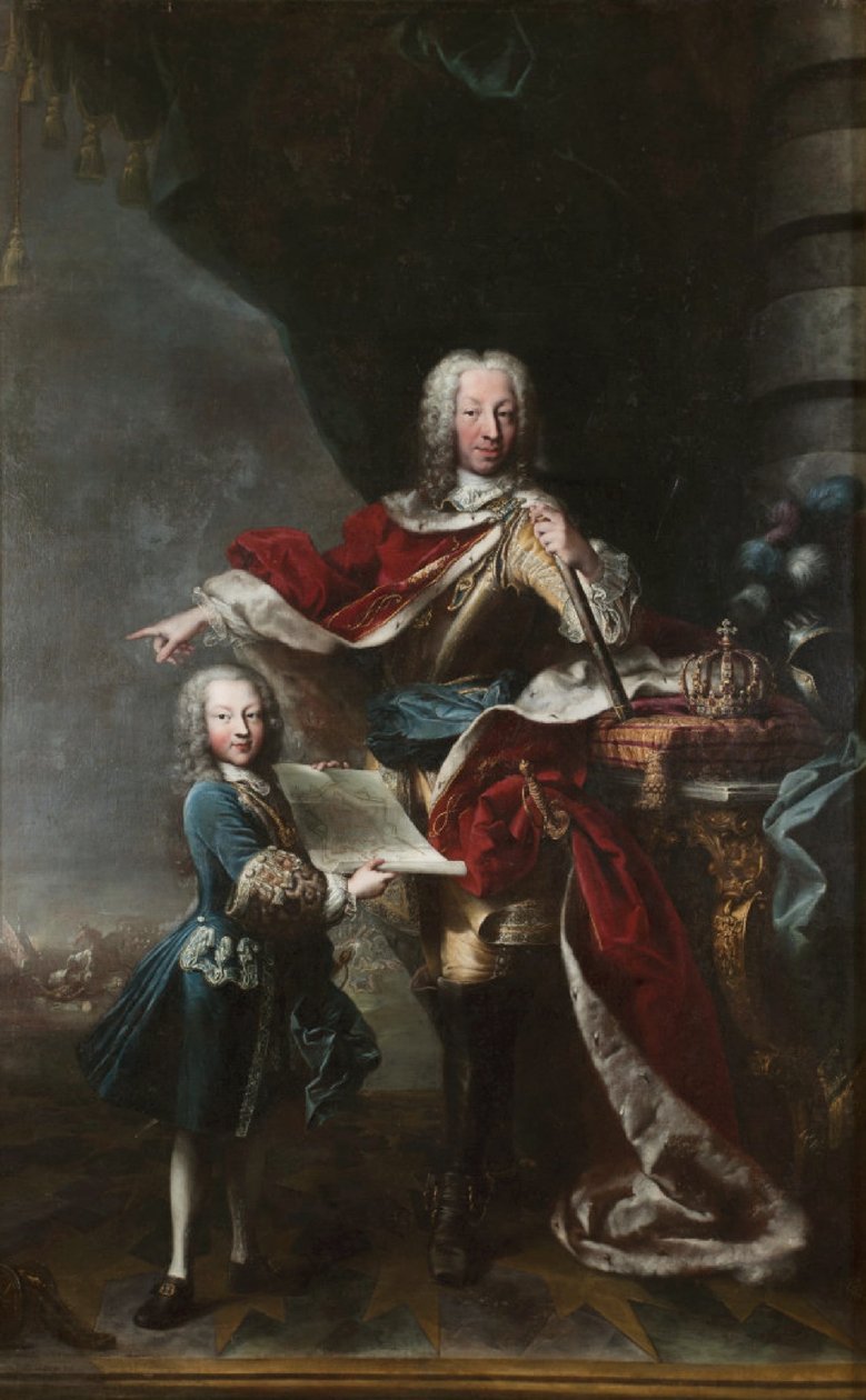 "Victor Amadeus III lapsena näyttää isälleen Kaarle Emmanuel III Savoijin karttaa Milanon linnasta. muotokuva Kaarle Emmanuel III:sta ja Victor Amadeus III Savoijin". tekijältä Maria Giovanna Clementi